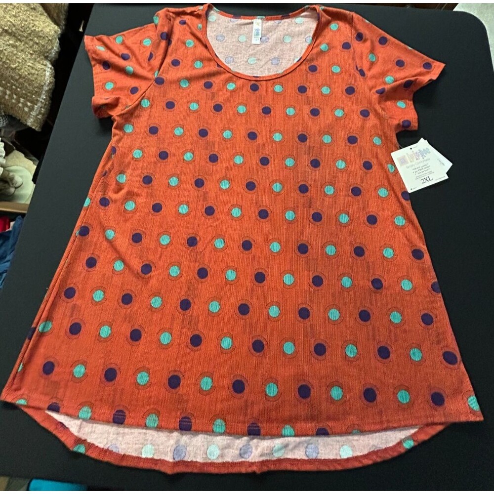 LuLaRoe Womens 2X Classic Tee Polka Dot Orange Teal Navy Plus Size Shirt NWD Fl